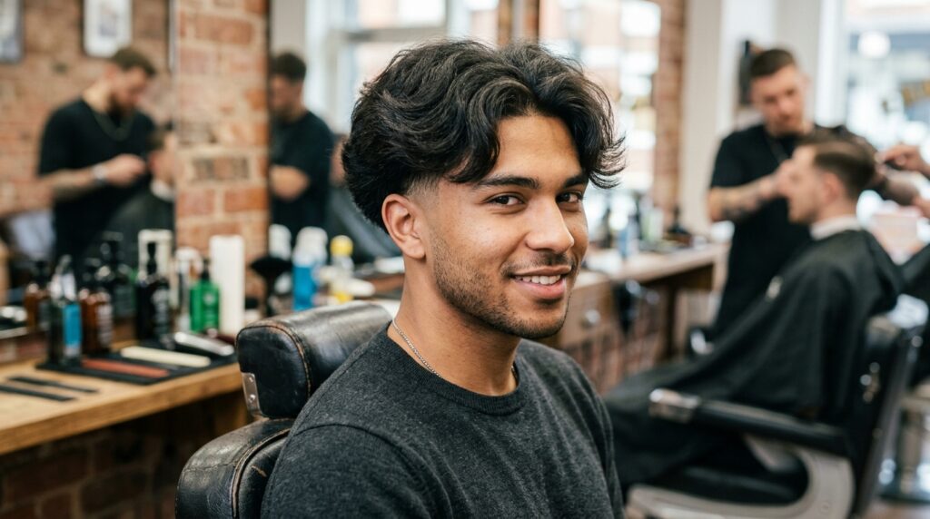 Low Taper Fade Fluffy Hair With Middle Part
