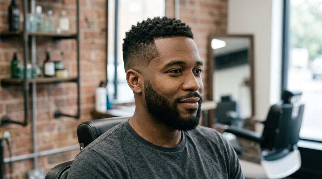 Mid Temp Fade with Short Hair and Beard