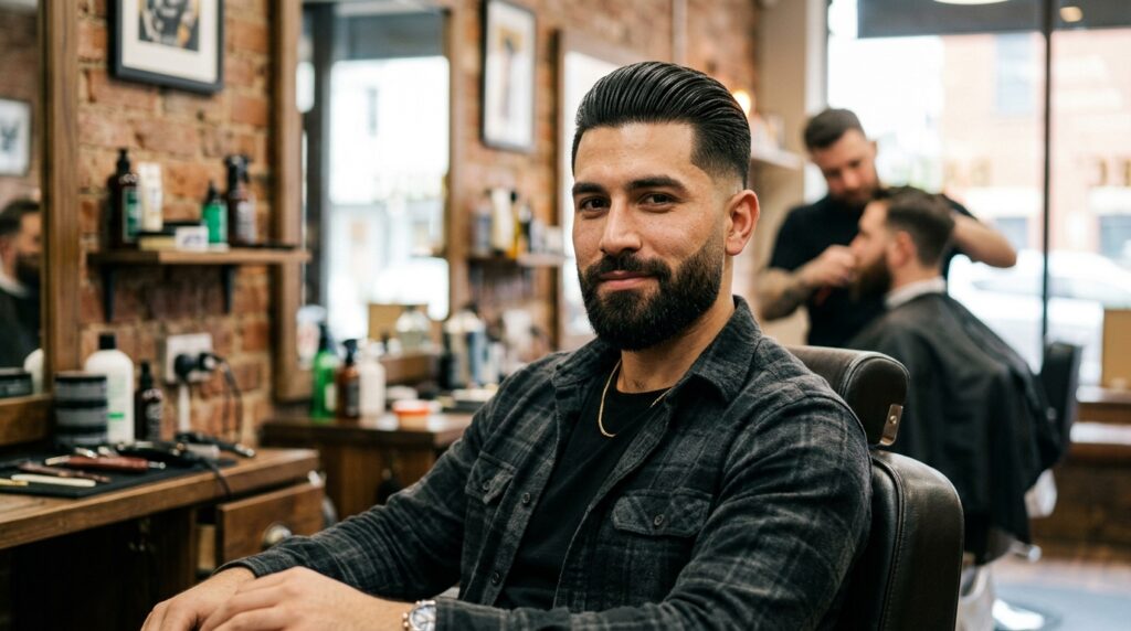 Short Slick Back with Mid Fade and Beard