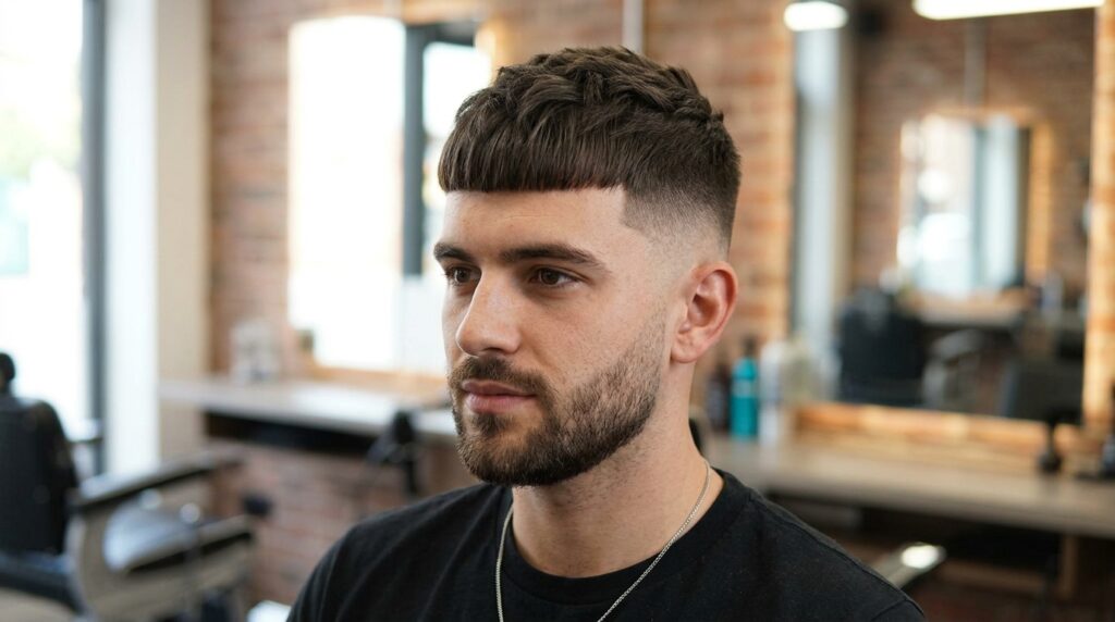 Textured Crew Cut Fade with Blunt Fringe