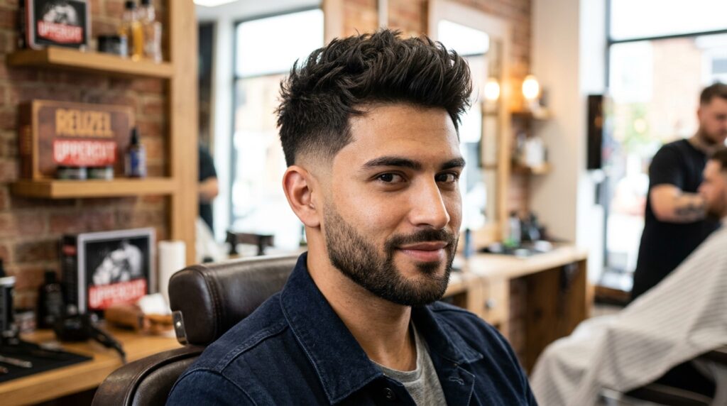 Textured Top and Tapered Burst Fade with Short Beard