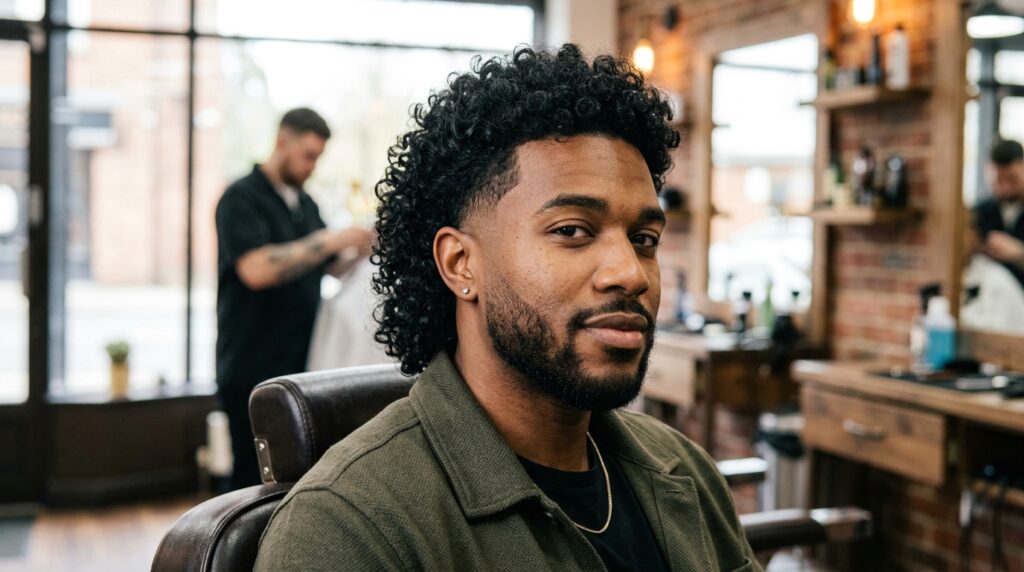 Thick Curly Mullet with Low Burst Fade