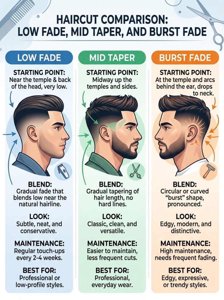 How it compares: low fade, mid taper, and burst fade