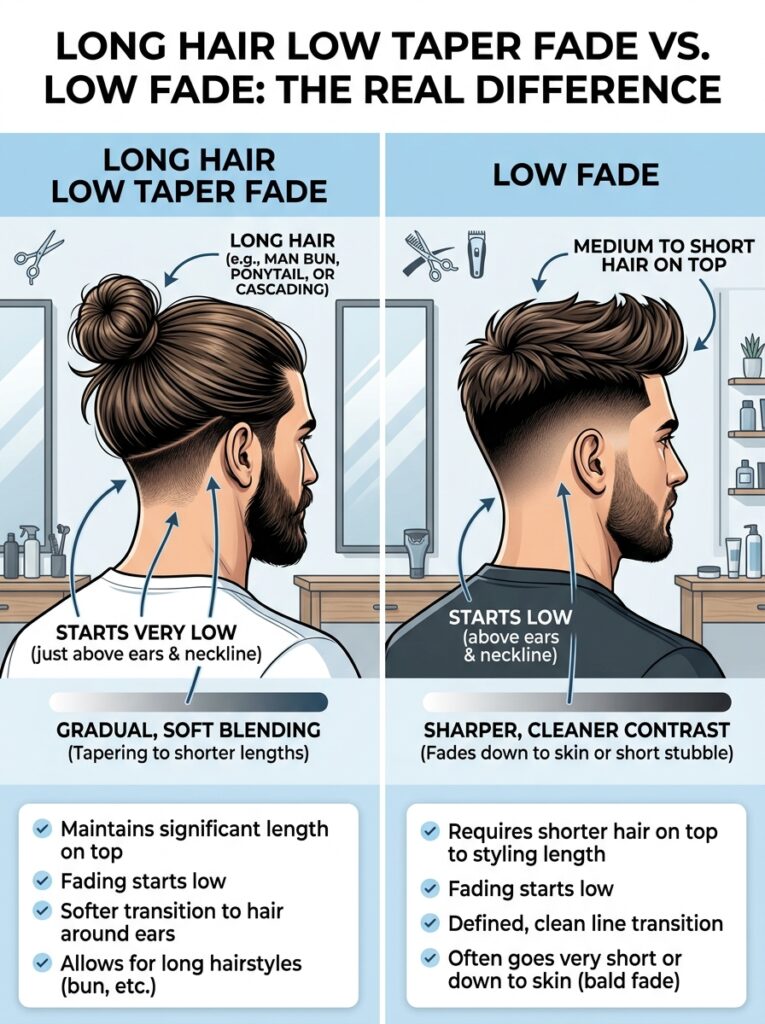 Long hair low taper fade vs. low fade: the real difference