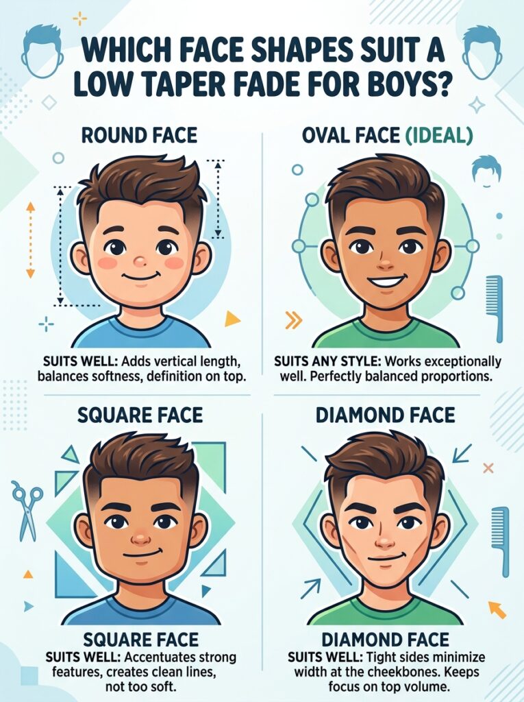 Which face shapes suit a low taper fade
