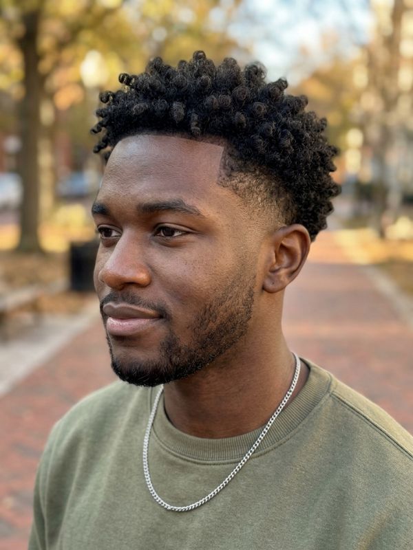 Low taper fade with curls or an afro