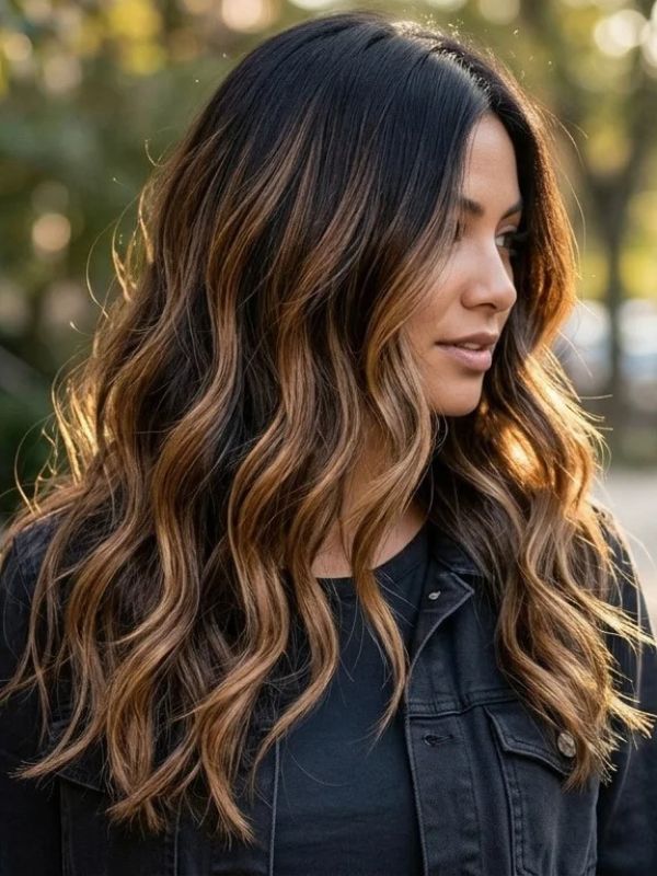 Black Hair with Caramel Highlights