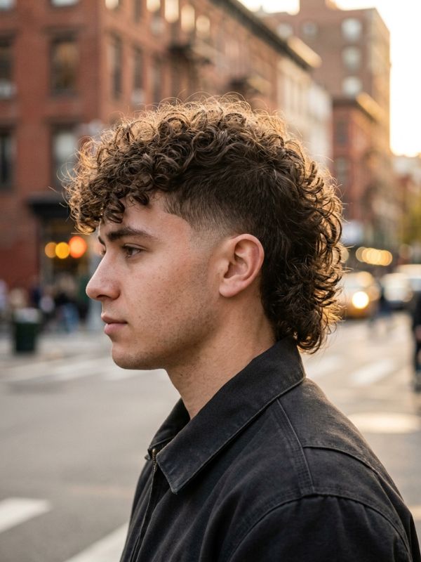 Curly burst-fade mullet
