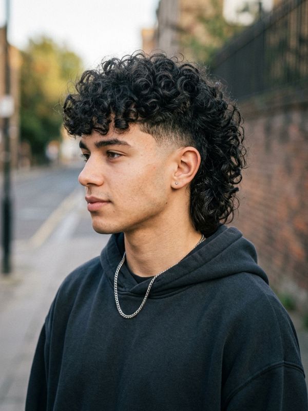 Curly burst-fade mullet