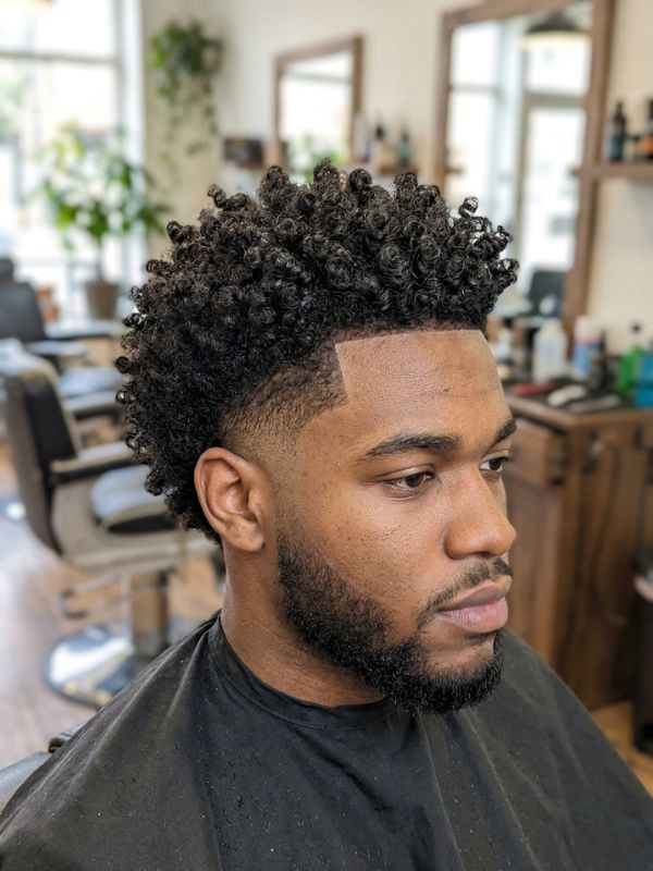 Mid burst fade with defined curls or coils