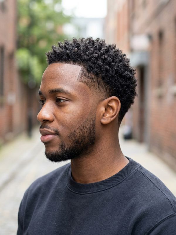 Low burst fade with short curls or cropped coils