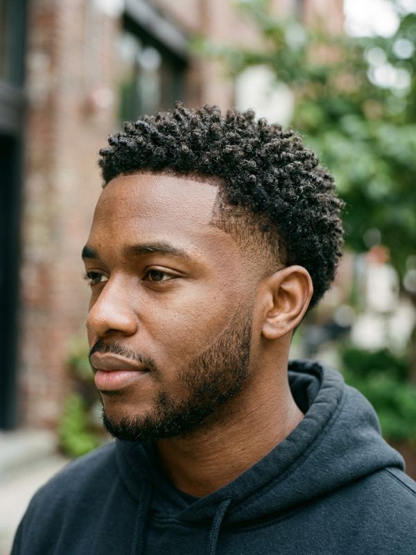 Low burst fade with short curls or cropped coils
